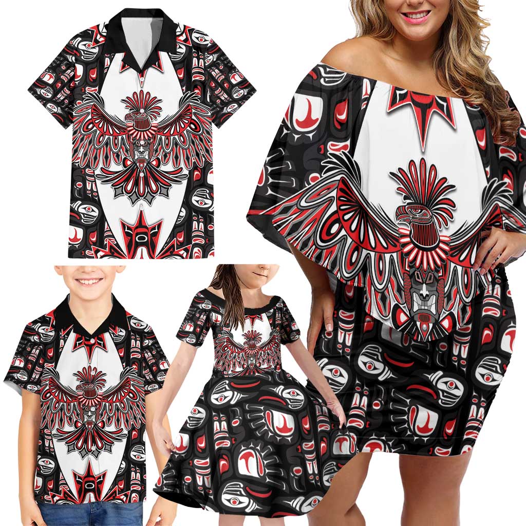 Canada Haida Family Matching Off Shoulder Short Dress and Hawaiian Shirt Thunderbird Northwest Coast Indigenous - Wonder Print Shop