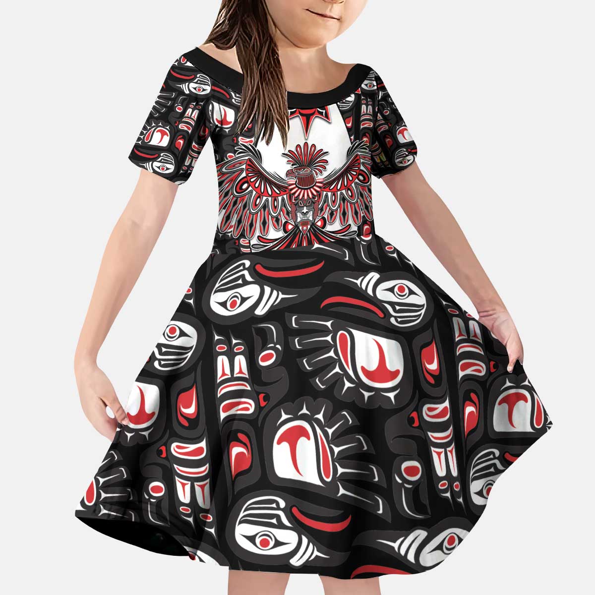 Canada Haida Kid Short Sleeve Dress Thunderbird Northwest Coast Indigenous - Wonder Print Shop