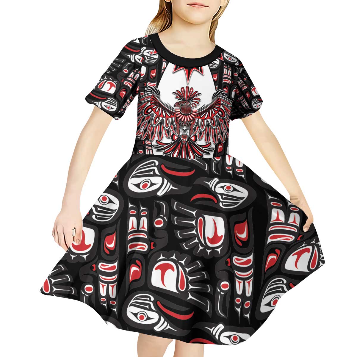 Canada Haida Kid Short Sleeve Dress Thunderbird Northwest Coast Indigenous - Wonder Print Shop