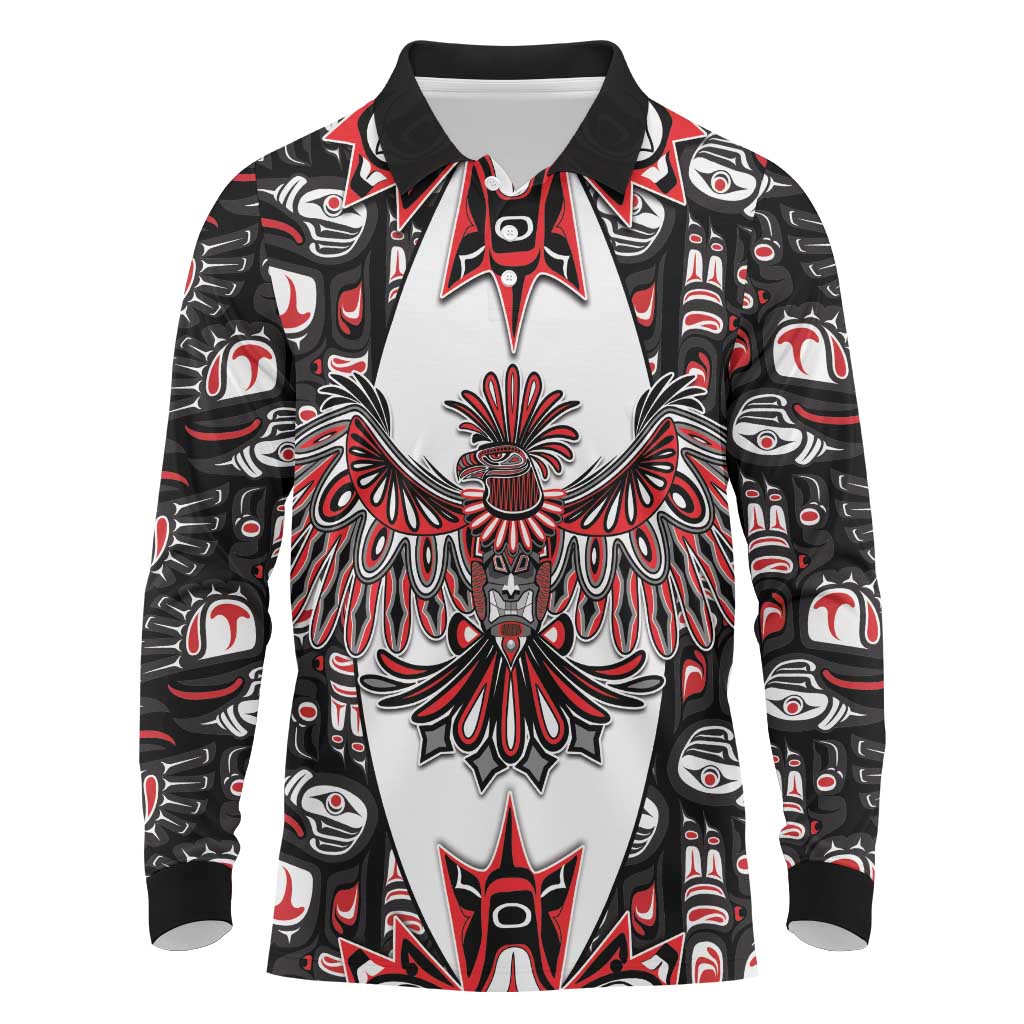 Canada Haida Long Sleeve Polo Shirt Thunderbird Northwest Coast Indigenous - Wonder Print Shop