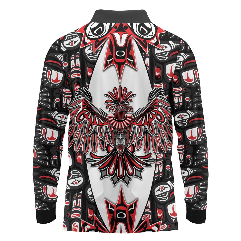 Canada Haida Long Sleeve Polo Shirt Thunderbird Northwest Coast Indigenous - Wonder Print Shop
