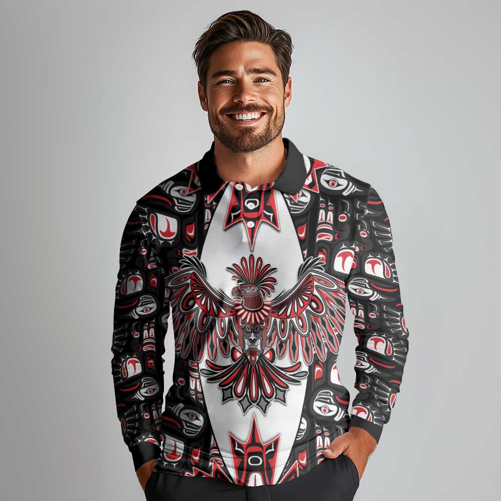 Canada Haida Long Sleeve Polo Shirt Thunderbird Northwest Coast Indigenous - Wonder Print Shop