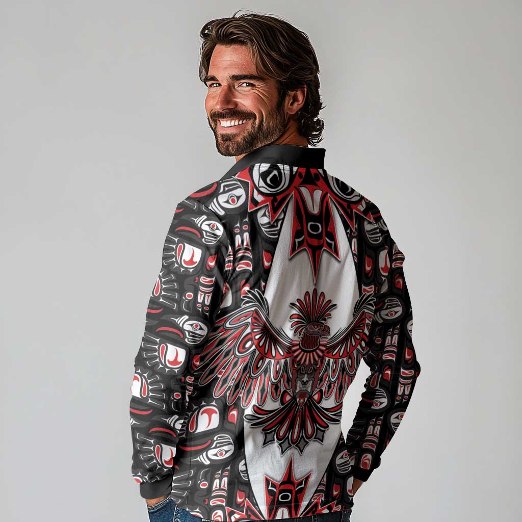 Canada Haida Long Sleeve Polo Shirt Thunderbird Northwest Coast Indigenous - Wonder Print Shop