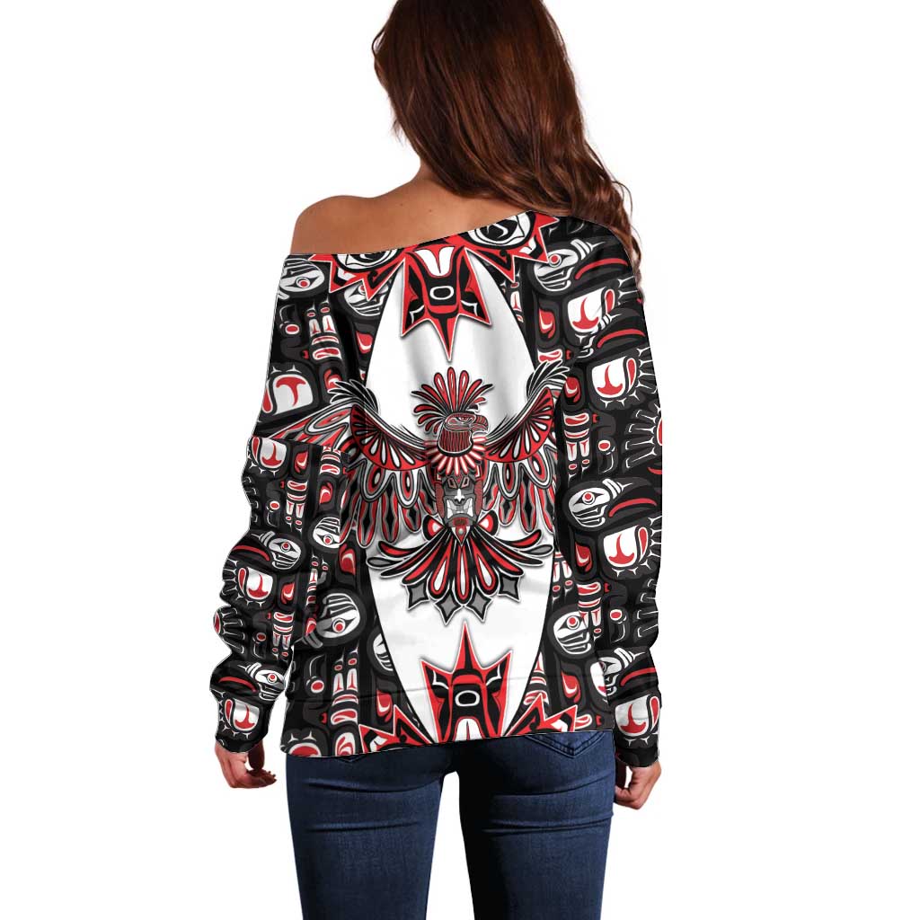 Canada Haida Off Shoulder Sweater Thunderbird Northwest Coast Indigenous - Wonder Print Shop