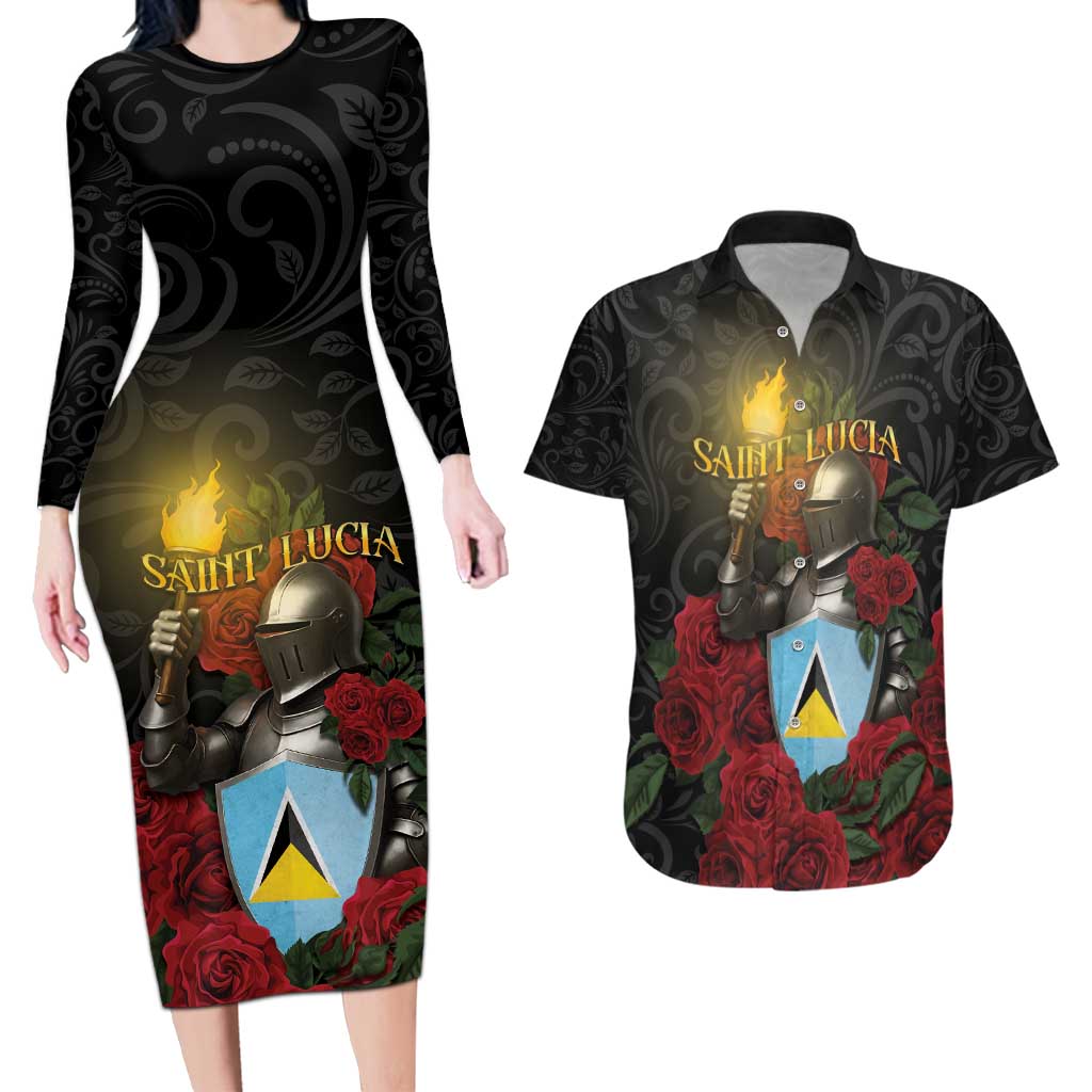 Saint Lucia Couples Matching Long Sleeve Bodycon Dress and Hawaiian Shirt Rose Iron Helmet - Wonder Print Shop