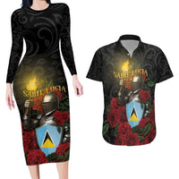 Saint Lucia Couples Matching Long Sleeve Bodycon Dress and Hawaiian Shirt Rose Iron Helmet - Wonder Print Shop