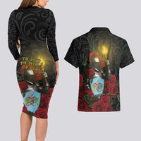 Saint Lucia Couples Matching Long Sleeve Bodycon Dress and Hawaiian Shirt Rose Iron Helmet - Wonder Print Shop