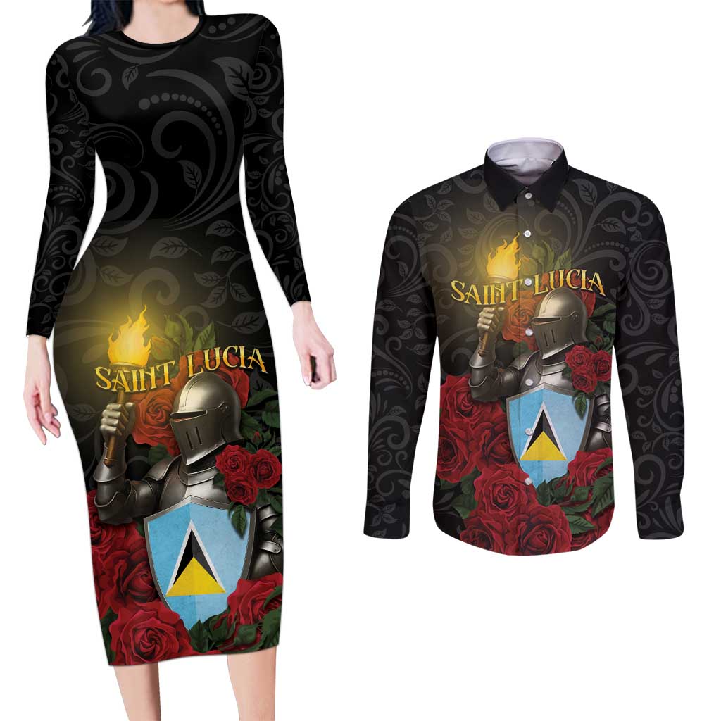 Saint Lucia Couples Matching Long Sleeve Bodycon Dress and Long Sleeve Button Shirt Rose Iron Helmet - Wonder Print Shop