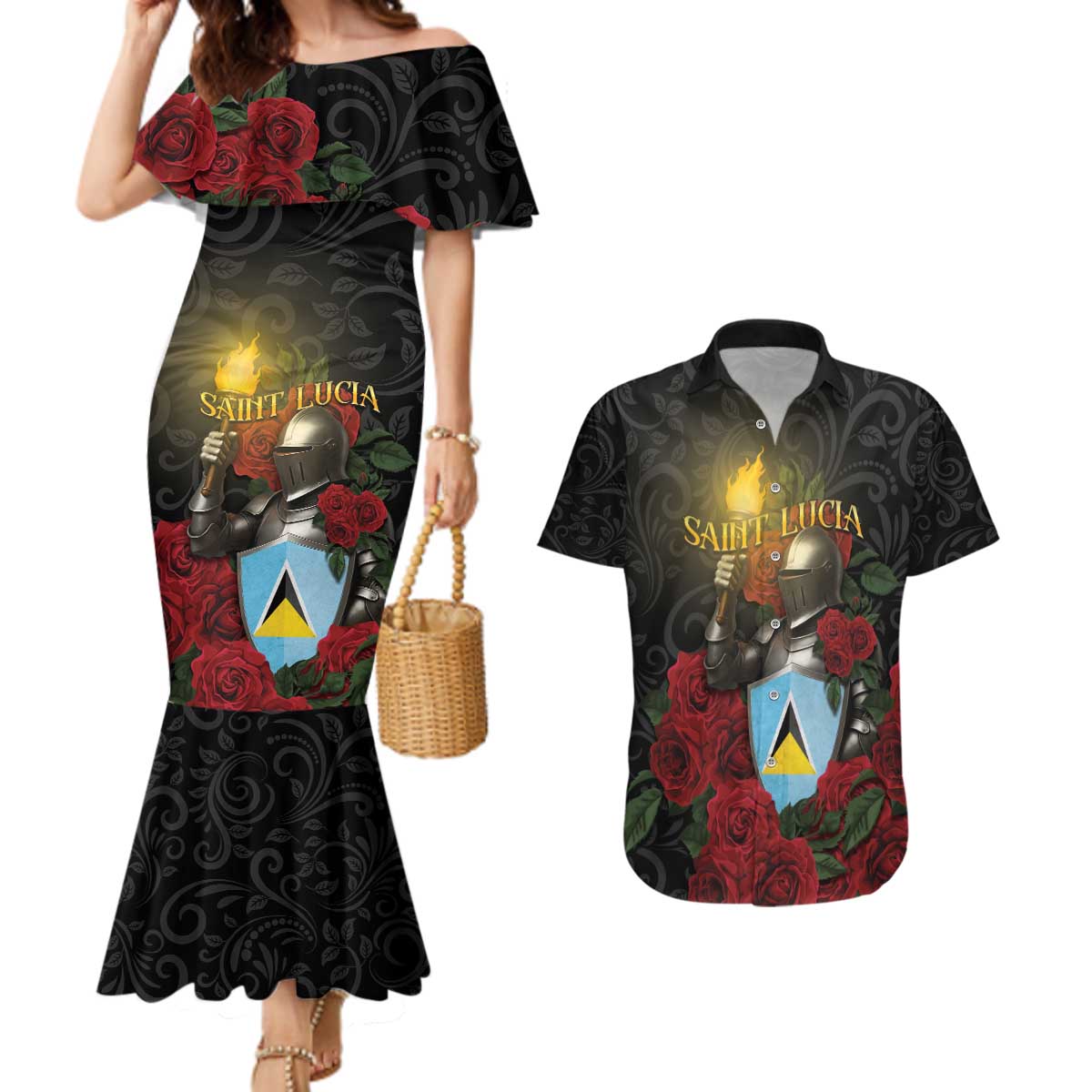 Saint Lucia Couples Matching Mermaid Dress and Hawaiian Shirt Rose Iron Helmet - Wonder Print Shop