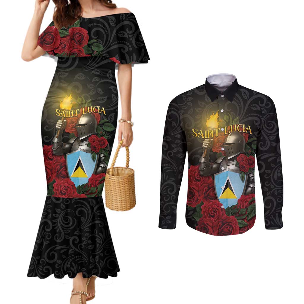 Saint Lucia Couples Matching Mermaid Dress and Long Sleeve Button Shirt Rose Iron Helmet - Wonder Print Shop