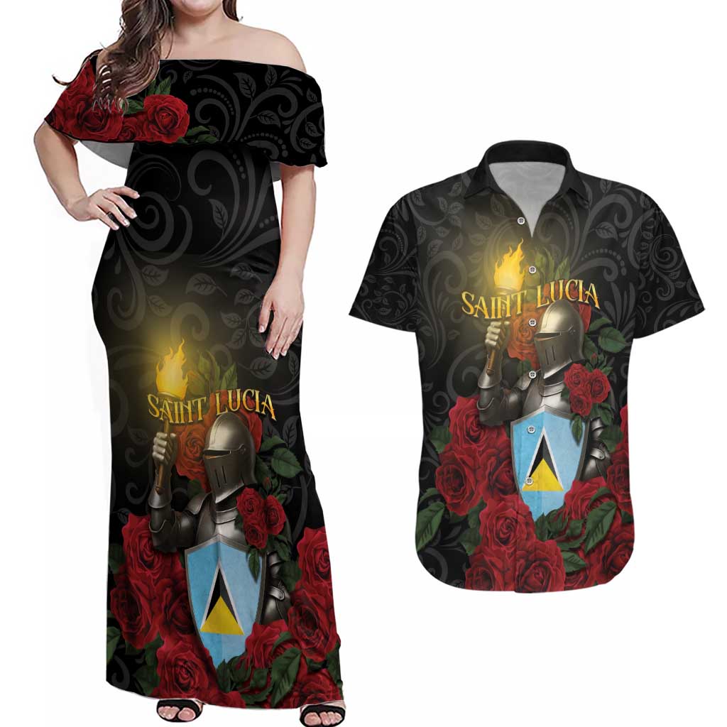 Saint Lucia Couples Matching Off Shoulder Maxi Dress and Hawaiian Shirt Rose Iron Helmet - Wonder Print Shop