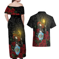 Saint Lucia Couples Matching Off Shoulder Maxi Dress and Hawaiian Shirt Rose Iron Helmet - Wonder Print Shop