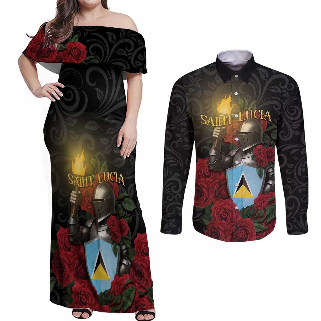 Saint Lucia Couples Matching Off Shoulder Maxi Dress and Long Sleeve Button Shirt Rose Iron Helmet - Wonder Print Shop