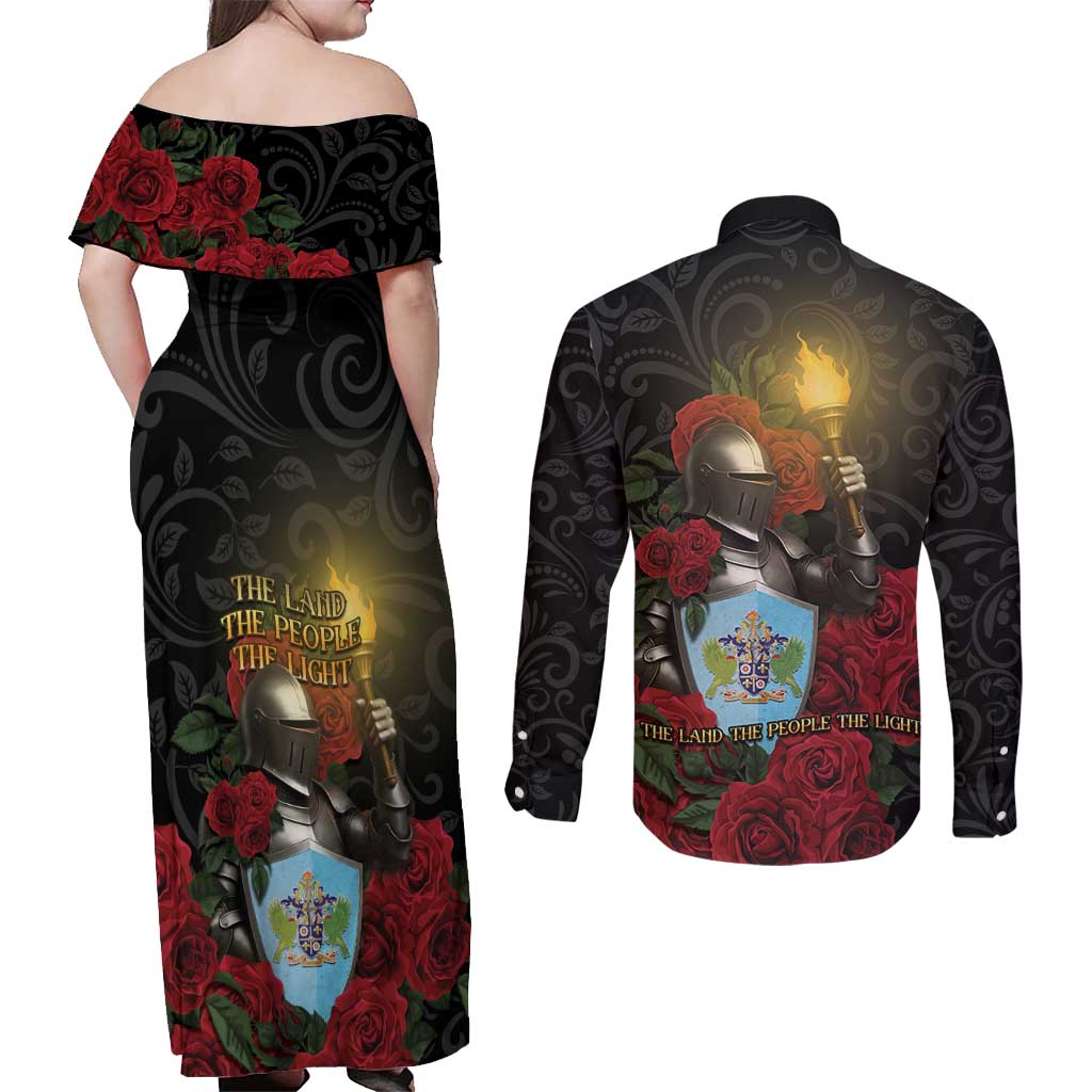 Saint Lucia Couples Matching Off Shoulder Maxi Dress and Long Sleeve Button Shirt Rose Iron Helmet - Wonder Print Shop
