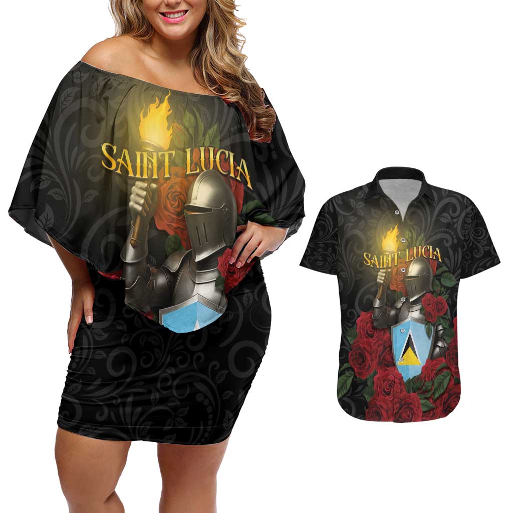 Saint Lucia Couples Matching Off Shoulder Short Dress and Hawaiian Shirt Rose Iron Helmet - Wonder Print Shop