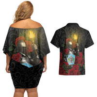 Saint Lucia Couples Matching Off Shoulder Short Dress and Hawaiian Shirt Rose Iron Helmet - Wonder Print Shop