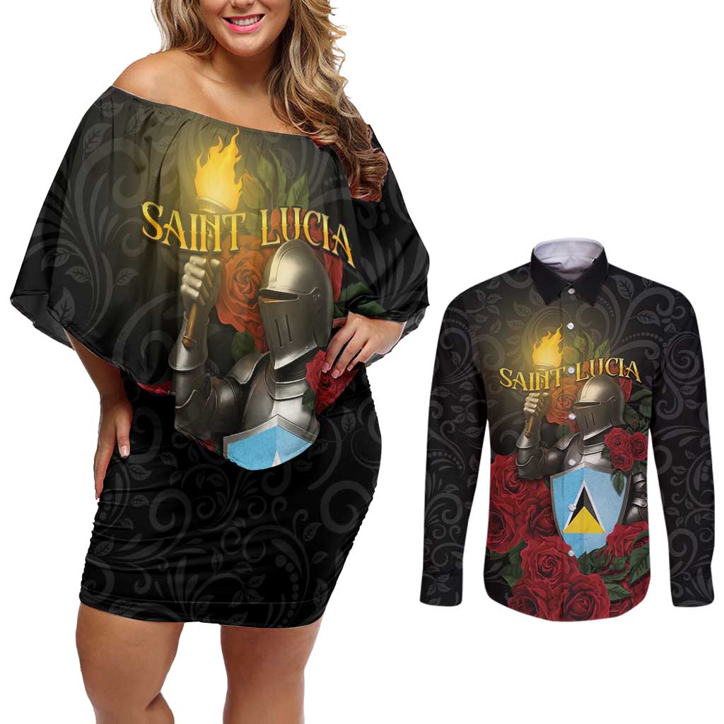 Saint Lucia Couples Matching Off Shoulder Short Dress and Long Sleeve Button Shirt Rose Iron Helmet - Wonder Print Shop