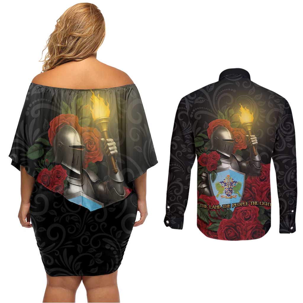 Saint Lucia Couples Matching Off Shoulder Short Dress and Long Sleeve Button Shirt Rose Iron Helmet - Wonder Print Shop