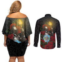Saint Lucia Couples Matching Off Shoulder Short Dress and Long Sleeve Button Shirt Rose Iron Helmet - Wonder Print Shop