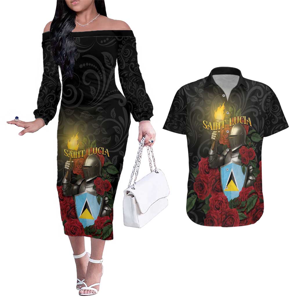 Saint Lucia Couples Matching Off The Shoulder Long Sleeve Dress and Hawaiian Shirt Rose Iron Helmet - Wonder Print Shop