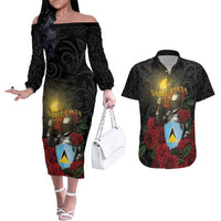 Saint Lucia Couples Matching Off The Shoulder Long Sleeve Dress and Hawaiian Shirt Rose Iron Helmet - Wonder Print Shop