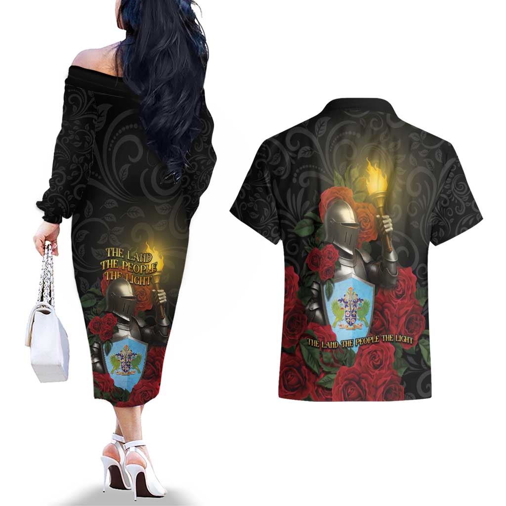 Saint Lucia Couples Matching Off The Shoulder Long Sleeve Dress and Hawaiian Shirt Rose Iron Helmet - Wonder Print Shop