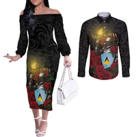 Saint Lucia Couples Matching Off The Shoulder Long Sleeve Dress and Long Sleeve Button Shirt Rose Iron Helmet - Wonder Print Shop