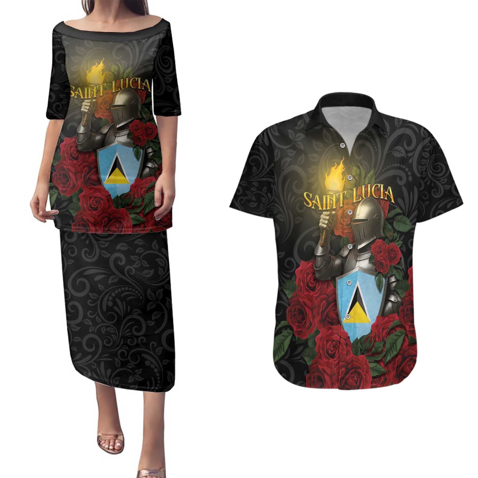 Saint Lucia Couples Matching Puletasi and Hawaiian Shirt Rose Iron Helmet - Wonder Print Shop