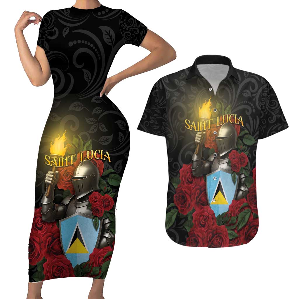 Saint Lucia Couples Matching Short Sleeve Bodycon Dress and Hawaiian Shirt Rose Iron Helmet - Wonder Print Shop