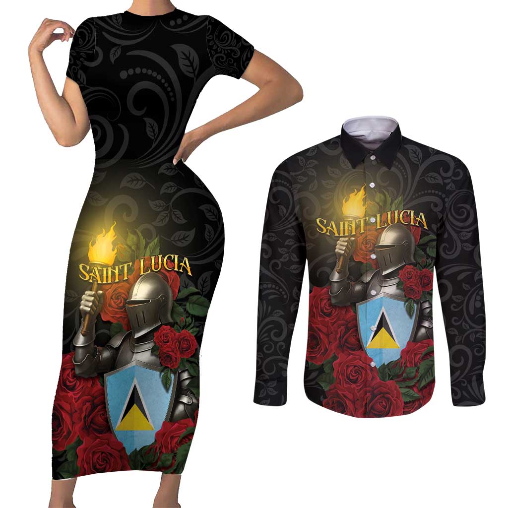 Saint Lucia Couples Matching Short Sleeve Bodycon Dress and Long Sleeve Button Shirt Rose Iron Helmet - Wonder Print Shop