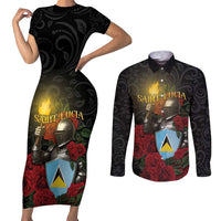 Saint Lucia Couples Matching Short Sleeve Bodycon Dress and Long Sleeve Button Shirt Rose Iron Helmet - Wonder Print Shop
