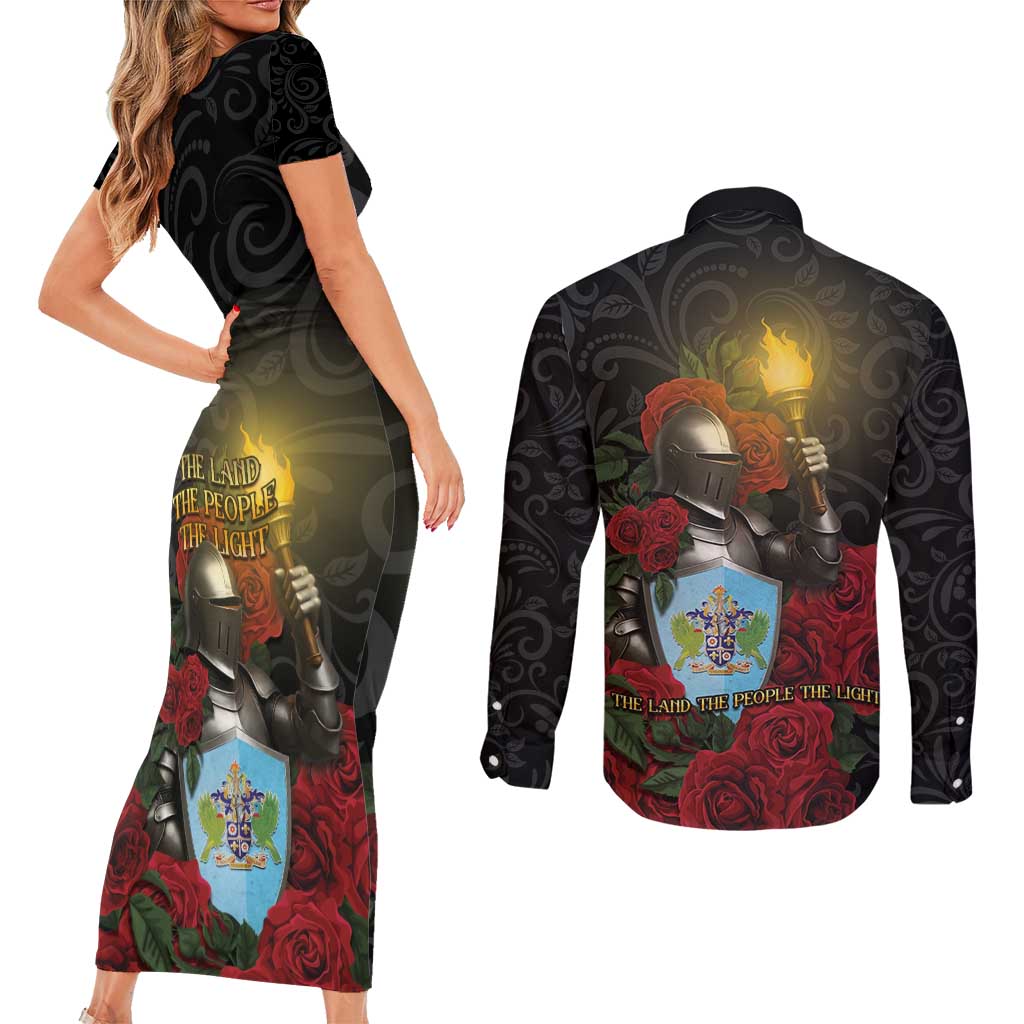 Saint Lucia Couples Matching Short Sleeve Bodycon Dress and Long Sleeve Button Shirt Rose Iron Helmet - Wonder Print Shop