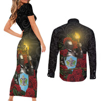 Saint Lucia Couples Matching Short Sleeve Bodycon Dress and Long Sleeve Button Shirt Rose Iron Helmet - Wonder Print Shop