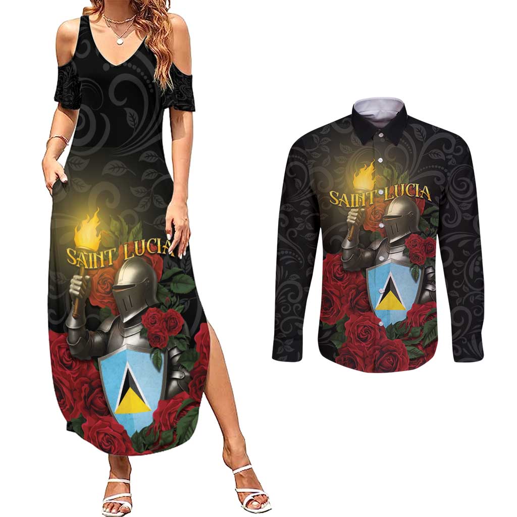Saint Lucia Couples Matching Summer Maxi Dress and Long Sleeve Button Shirt Rose Iron Helmet - Wonder Print Shop