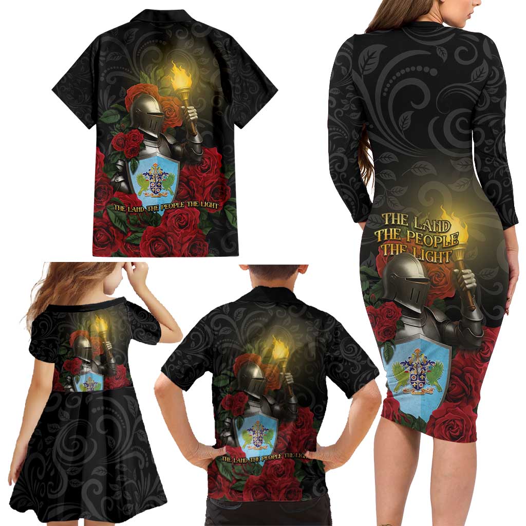 Saint Lucia Family Matching Long Sleeve Bodycon Dress and Hawaiian Shirt Rose Iron Helmet - Wonder Print Shop