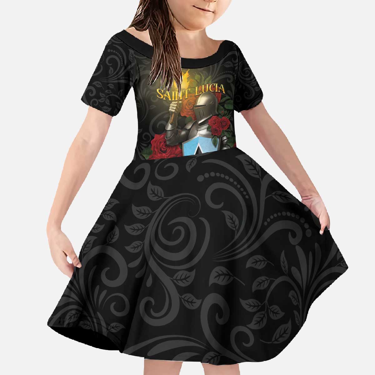 Saint Lucia Family Matching Off The Shoulder Long Sleeve Dress and Hawaiian Shirt Rose Iron Helmet - Wonder Print Shop