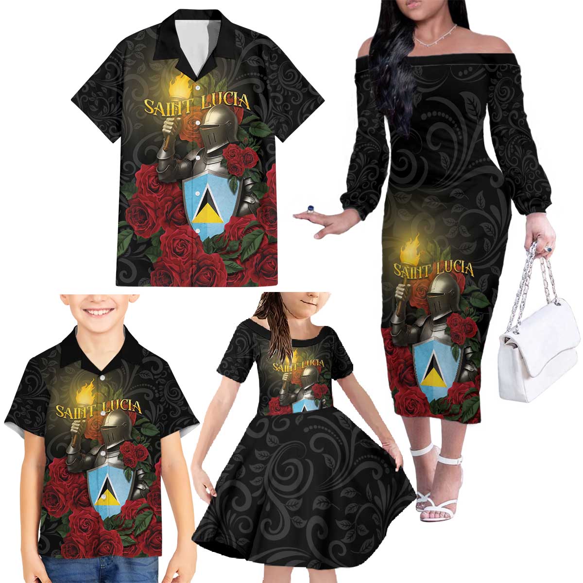 Saint Lucia Family Matching Off The Shoulder Long Sleeve Dress and Hawaiian Shirt Rose Iron Helmet - Wonder Print Shop