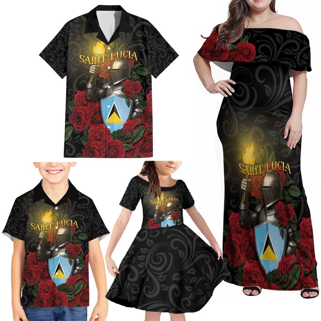 Saint Lucia Family Matching Off Shoulder Maxi Dress and Hawaiian Shirt Rose Iron Helmet - Wonder Print Shop