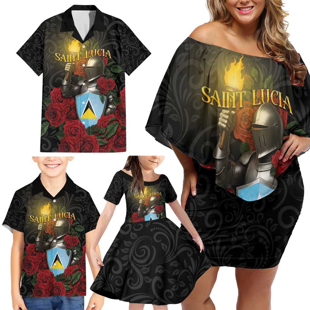 Saint Lucia Family Matching Off Shoulder Short Dress and Hawaiian Shirt Rose Iron Helmet - Wonder Print Shop