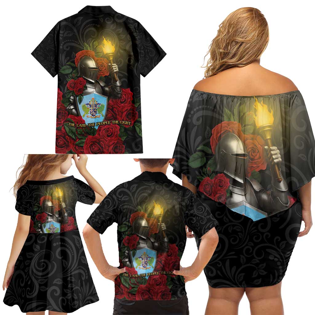 Saint Lucia Family Matching Off Shoulder Short Dress and Hawaiian Shirt Rose Iron Helmet - Wonder Print Shop