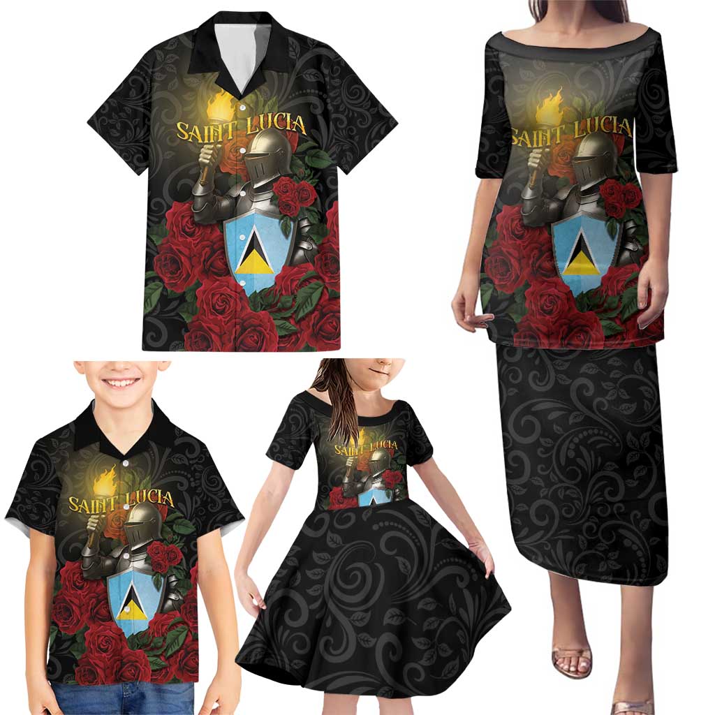 Saint Lucia Family Matching Puletasi and Hawaiian Shirt Rose Iron Helmet - Wonder Print Shop