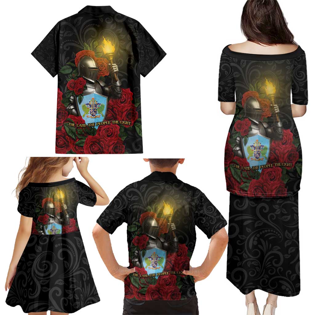 Saint Lucia Family Matching Puletasi and Hawaiian Shirt Rose Iron Helmet - Wonder Print Shop