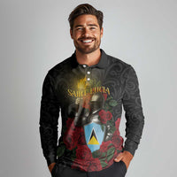 Saint Lucia Long Sleeve Polo Shirt Rose Iron Helmet - Wonder Print Shop
