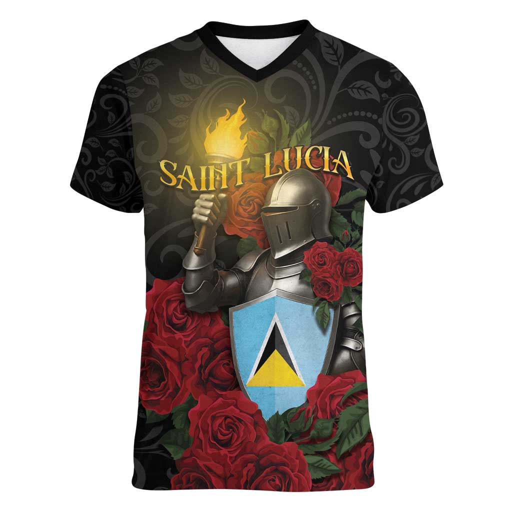 Saint Lucia Women V-Neck T-Shirt Rose Iron Helmet - Wonder Print Shop