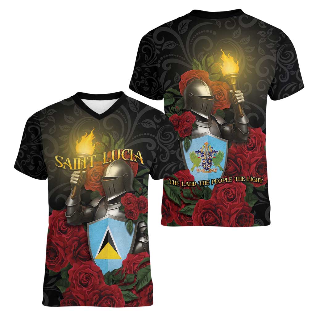 Saint Lucia Women V-Neck T-Shirt Rose Iron Helmet - Wonder Print Shop