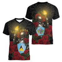 Saint Lucia Women V-Neck T-Shirt Rose Iron Helmet - Wonder Print Shop