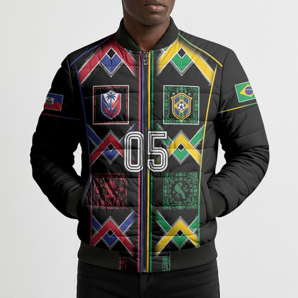 Custom Brazil And Haiti Football Bomber Puffer Jacket Mix Brazilian Haitian Roots