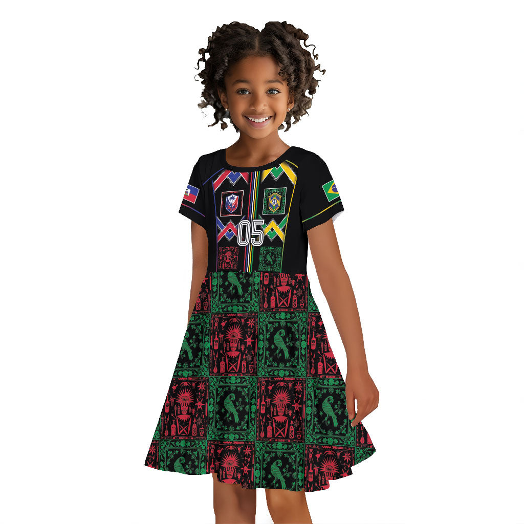 Custom Brazil And Haiti Football Kid Short Sleeve Dress Mix Brazilian Haitian Roots