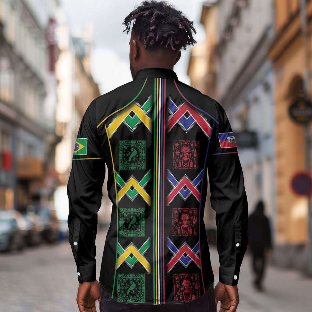Custom Brazil And Haiti Football Long Sleeve Button Shirt Mix Brazilian Haitian Roots