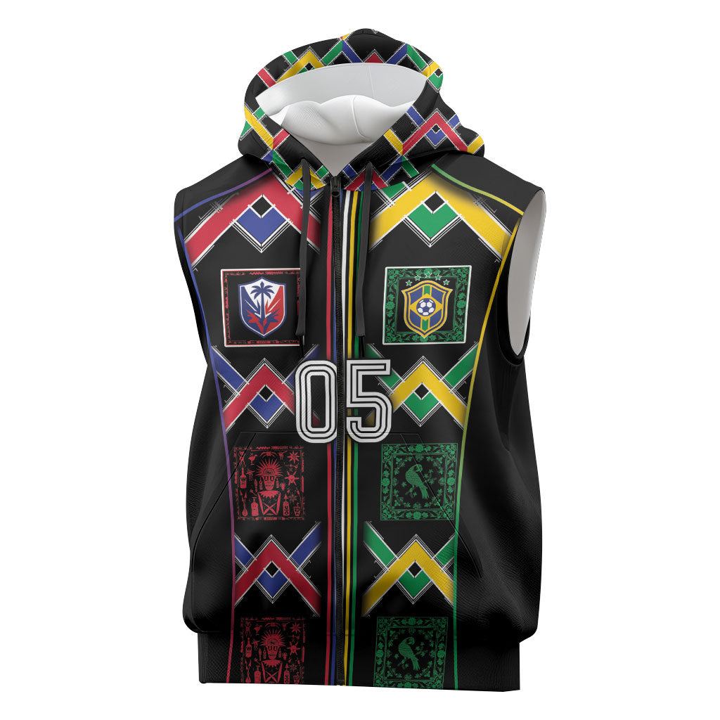 Custom Brazil And Haiti Football Sleeveless Zip Hoodie Mix Brazilian Haitian Roots